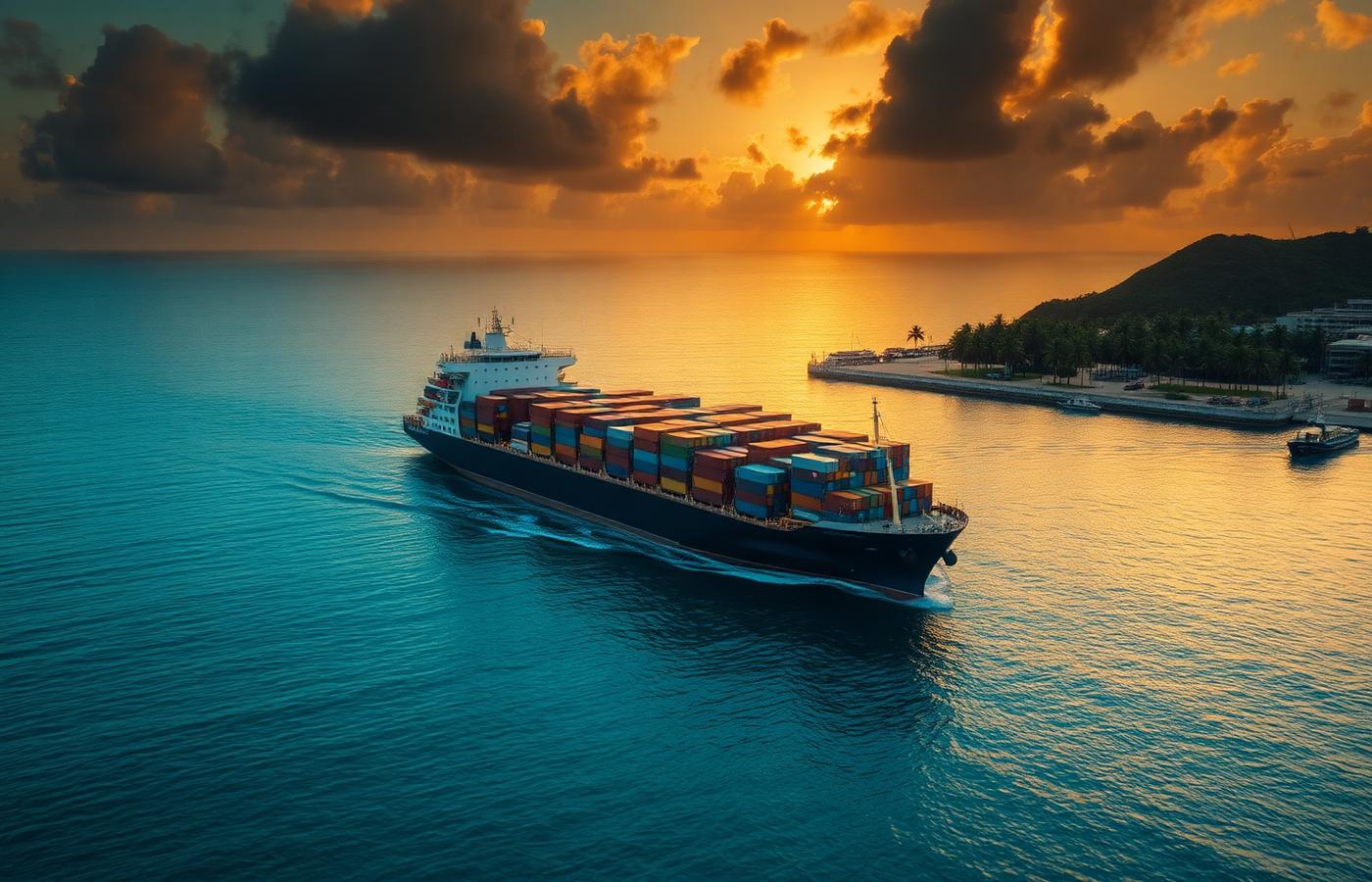 Cargo ship arriving at Caribbean port